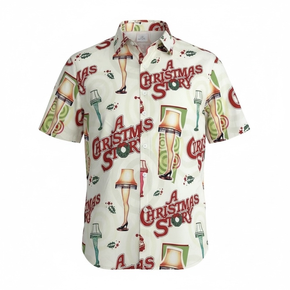 Men's‎ Shirt A Christmas Story Button Front Short Sleeve Size Med Leg Lamp